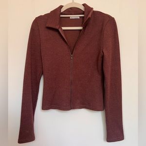 Reformation XS Fitted Ribbed Zip-Up Collared Sweater in Brown / Maple